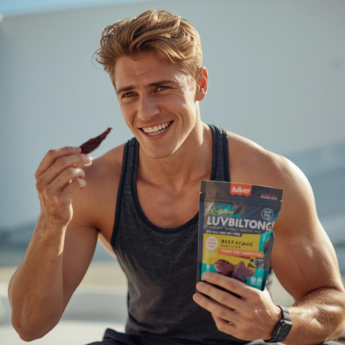 Biltong highlighting its natural iron, zinc and vitamin B12 content as a convenient nutritious snack.