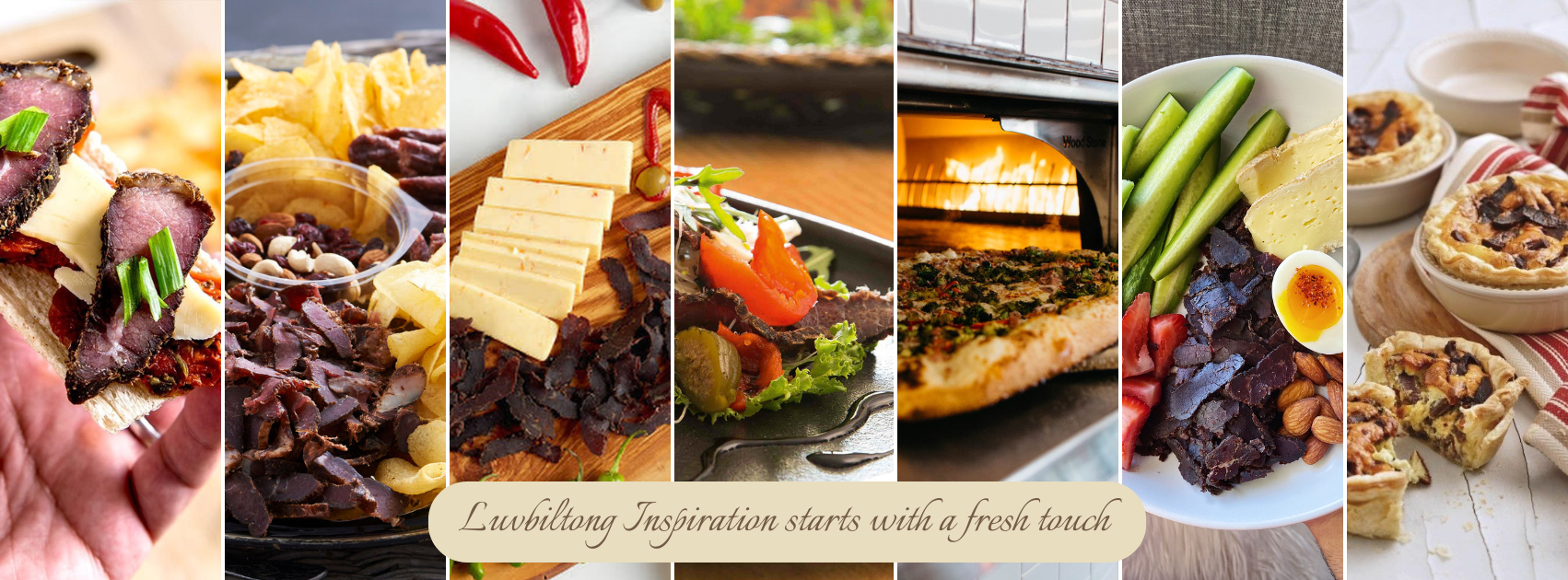 Biltong served on a sharing platter with cheese, nuts and dried fruit and salad.