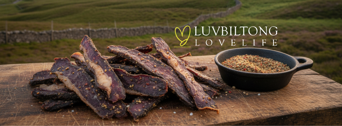 Premium biltong crafted from Scottish beef, air-cured with natural spices for authentic flavour.