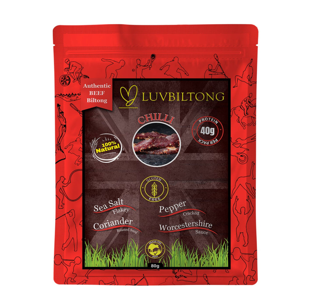 Chilli - Sliced Biltong packaging with spicy chilli flavour and natural ingredients for online orders.