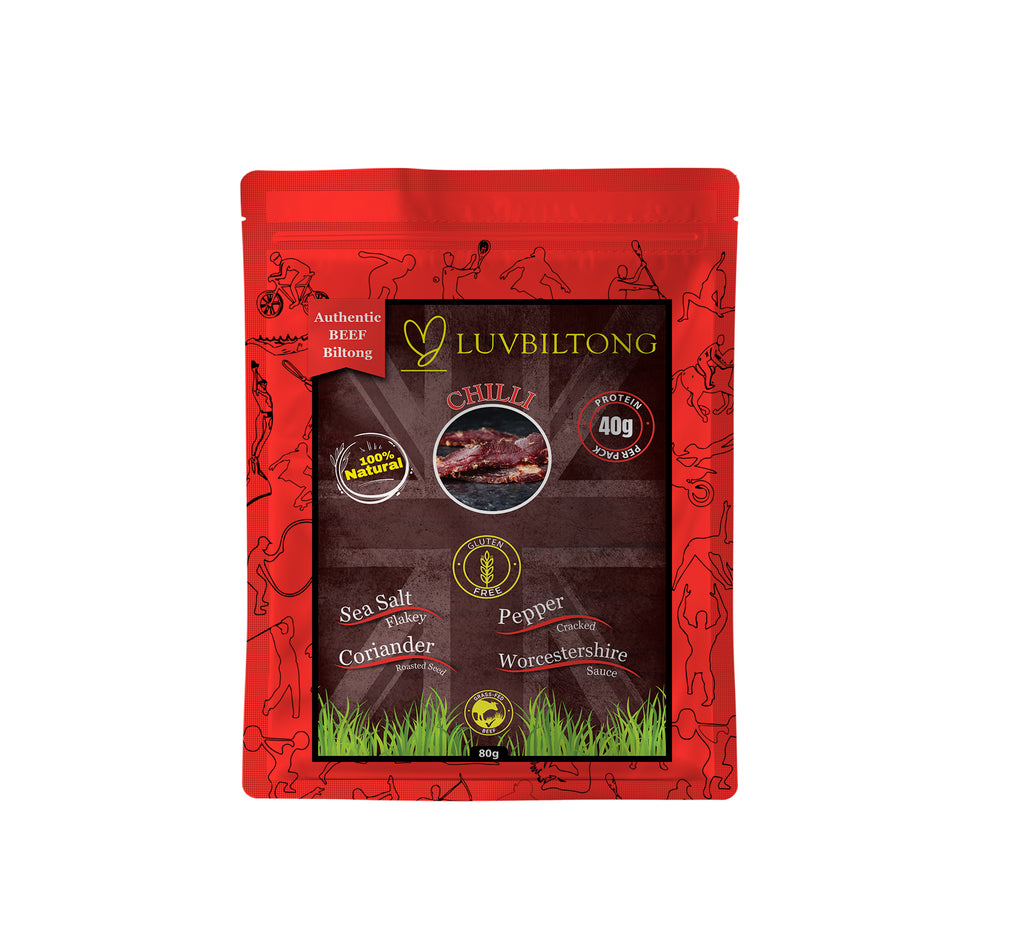 Chilli - Sliced Biltong packaging with bold flavours and natural ingredients for online orders.
