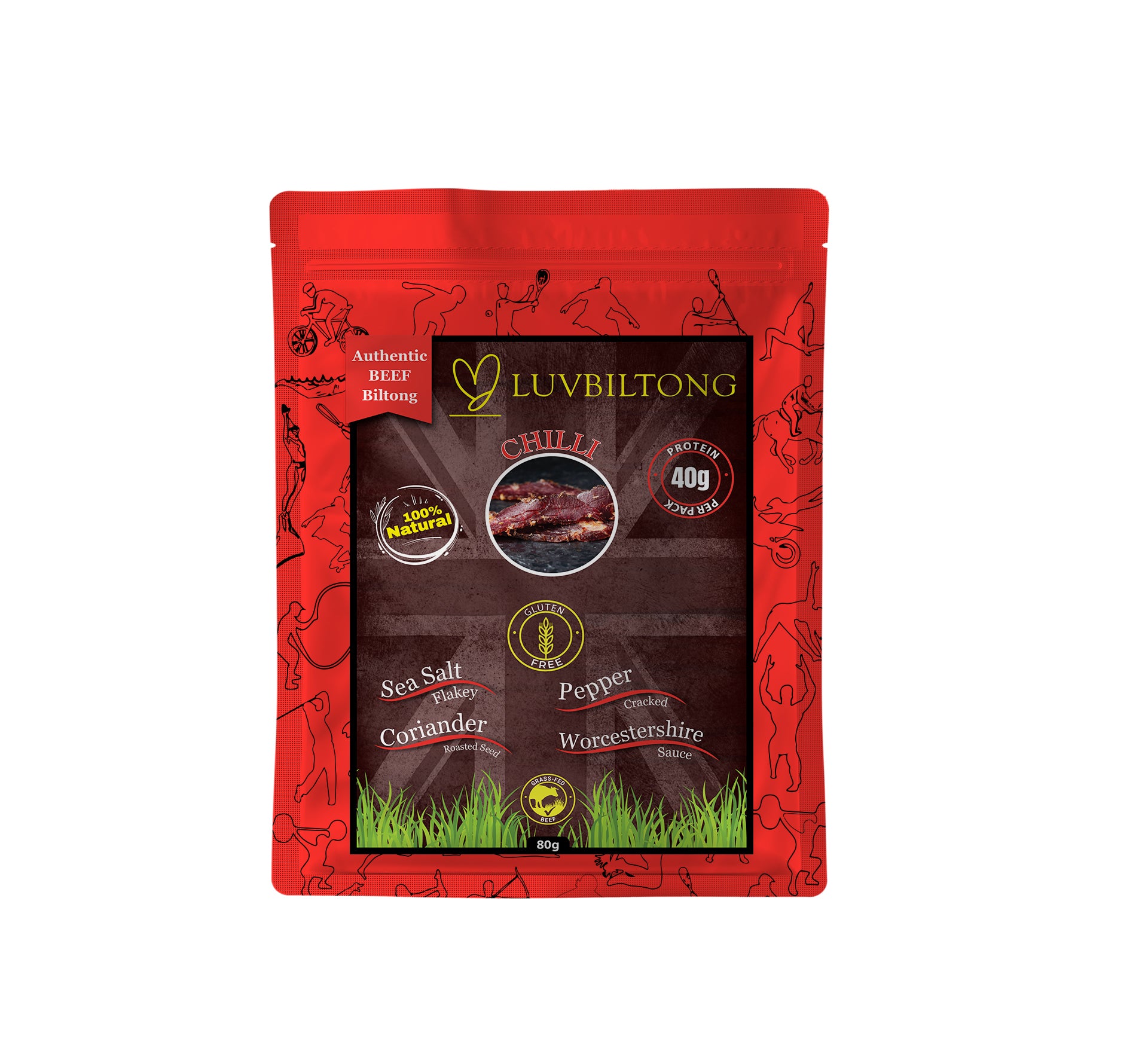 Chilli - Sliced Biltong packaging with bold flavours and natural ingredients for online orders.