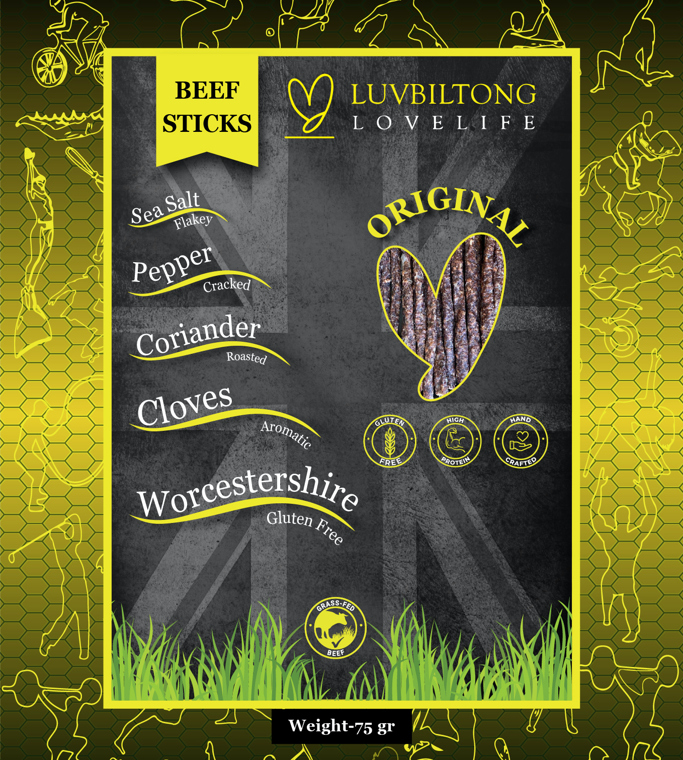 Beef Sticks - Vacuum Sealed biltong grass fed snack made in UK in yellow colour packaging