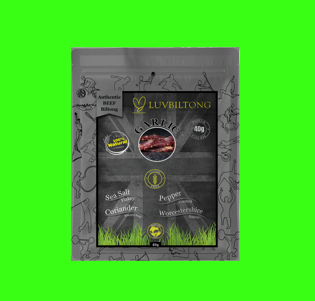LuvBiltong smoked Garlic flavour grass-fed beef biltong snack made in UK