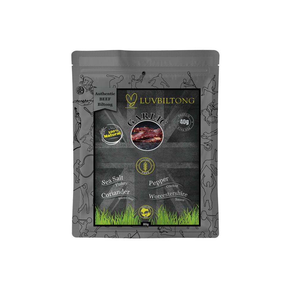 LuvBiltong smoked Garlic flavour grass-fed beef biltong snack made in UK