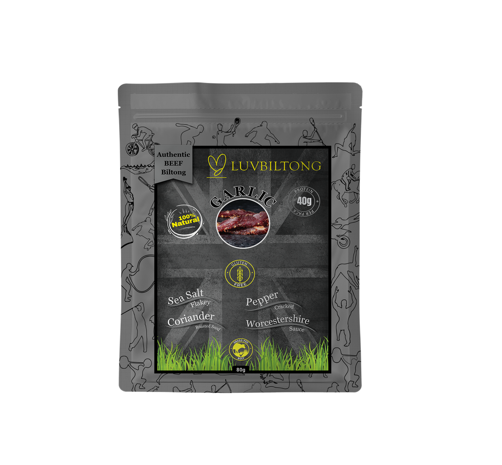 LuvBiltong smoked Garlic flavour grass-fed beef biltong snack made in UK