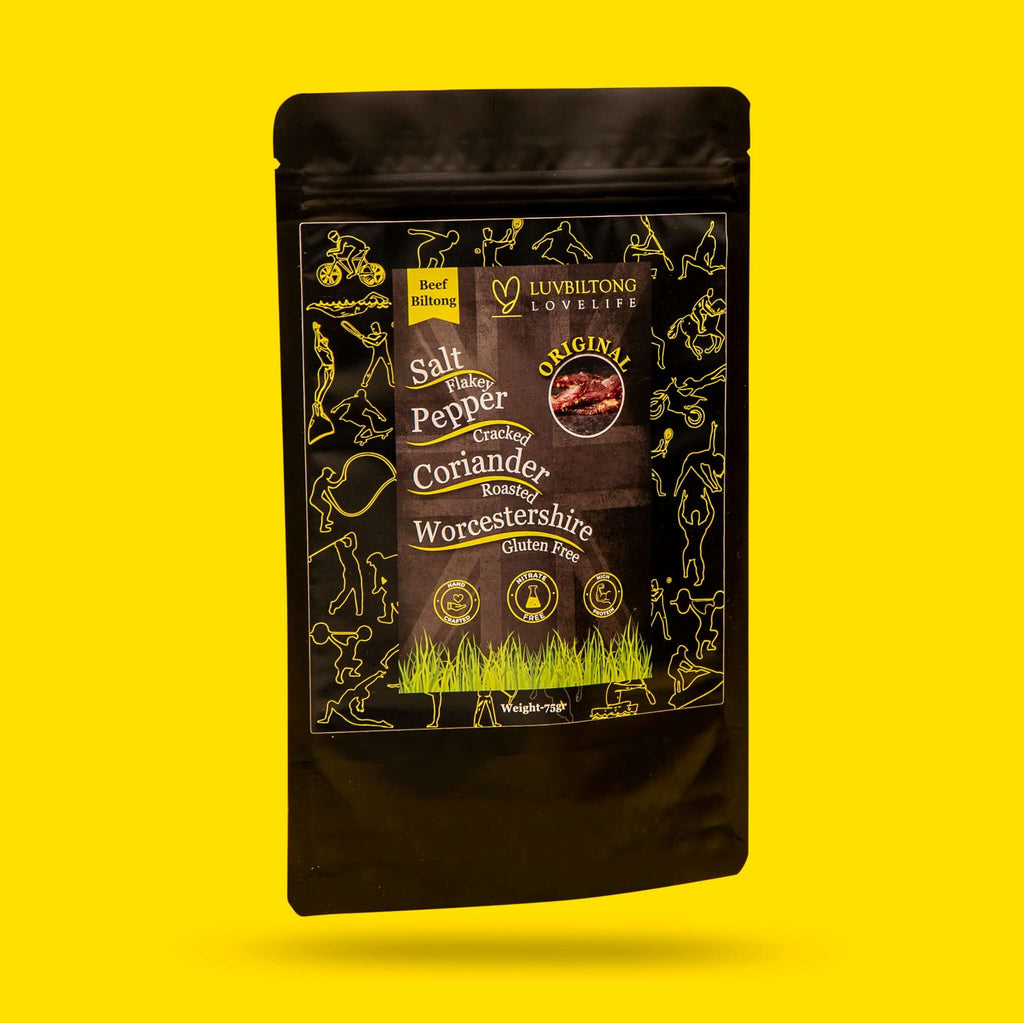 Original - Sliced Biltong package featuring seasoning ingredients and gluten-free label.