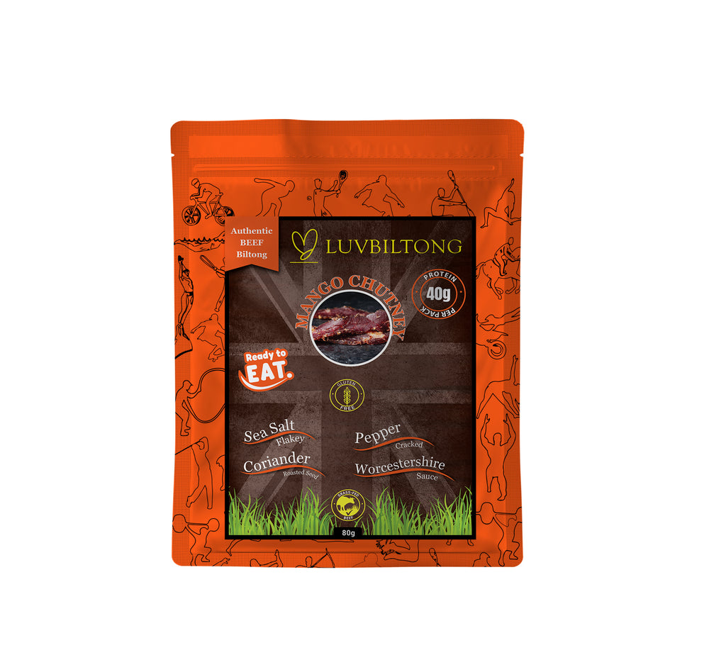 LuvBiltong Mango Chutney Flavour grass-fed beef biltong snack made in UK