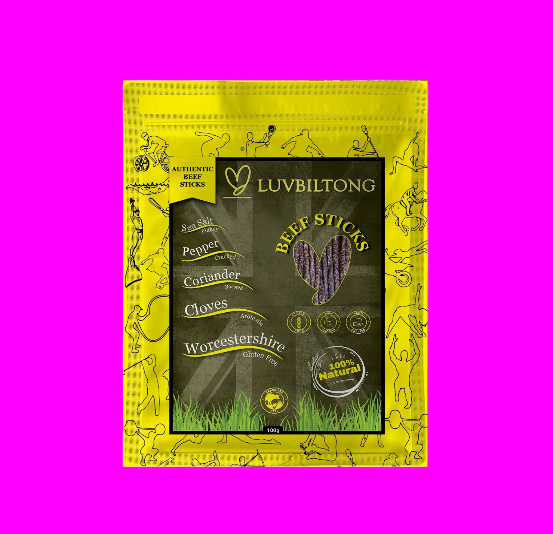Beef Sticks - Vacuum Sealed biltong grass fed beef snack made in UK in yellow colour packaging 100g