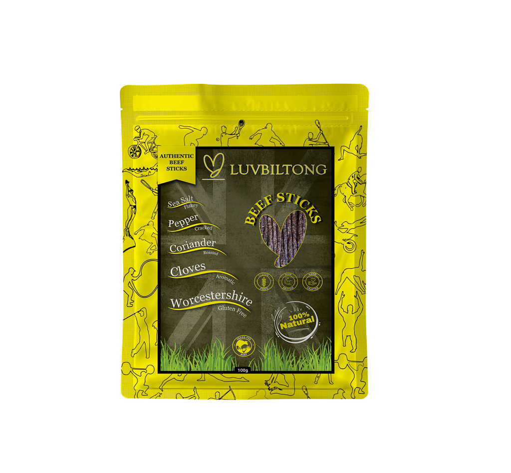 Beef Sticks - Vacuum Sealed biltong grass fed snack made in UK in yellow colour packaging