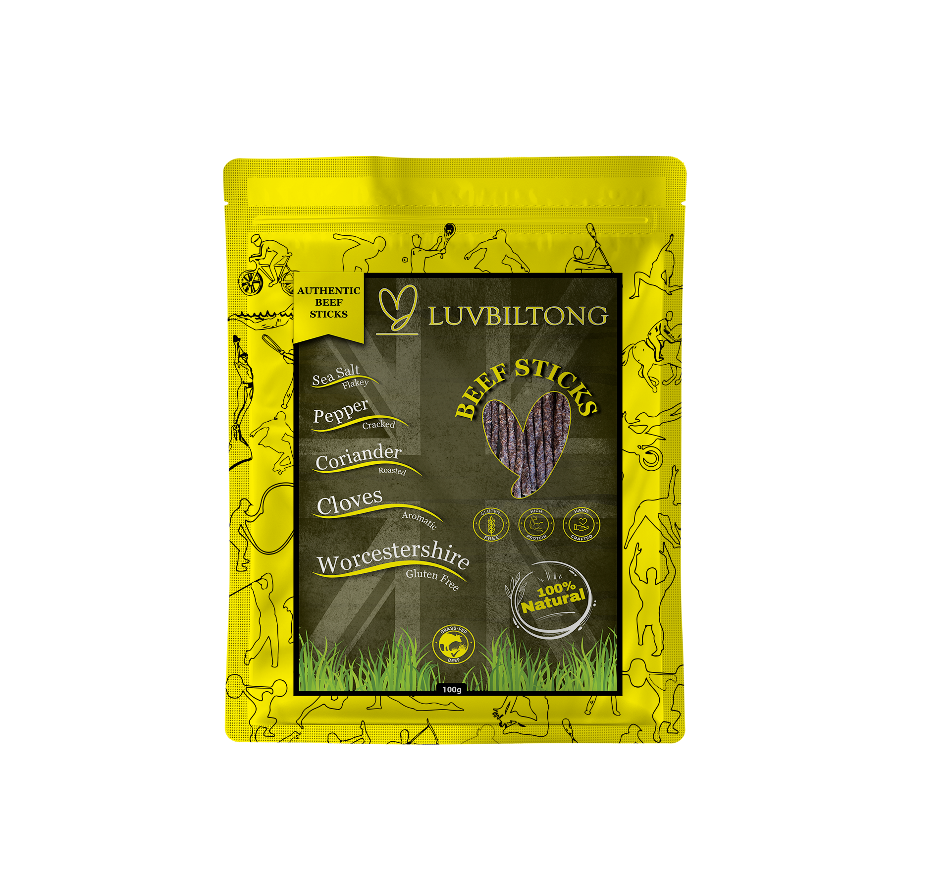 Beef Sticks - Vacuum Sealed biltong grass fed snack made in UK in yellow colour packaging