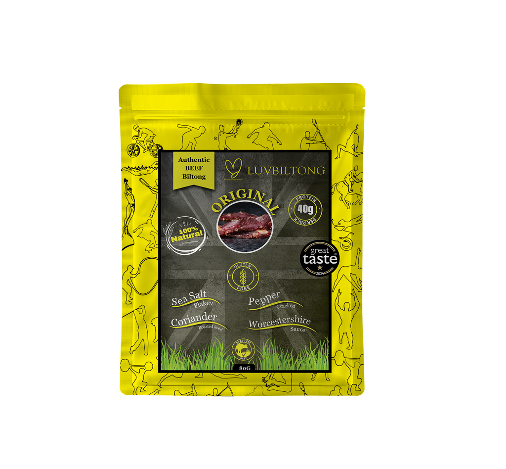 Original - Sliced Biltong packaging featuring authentic ingredients and flavour details.