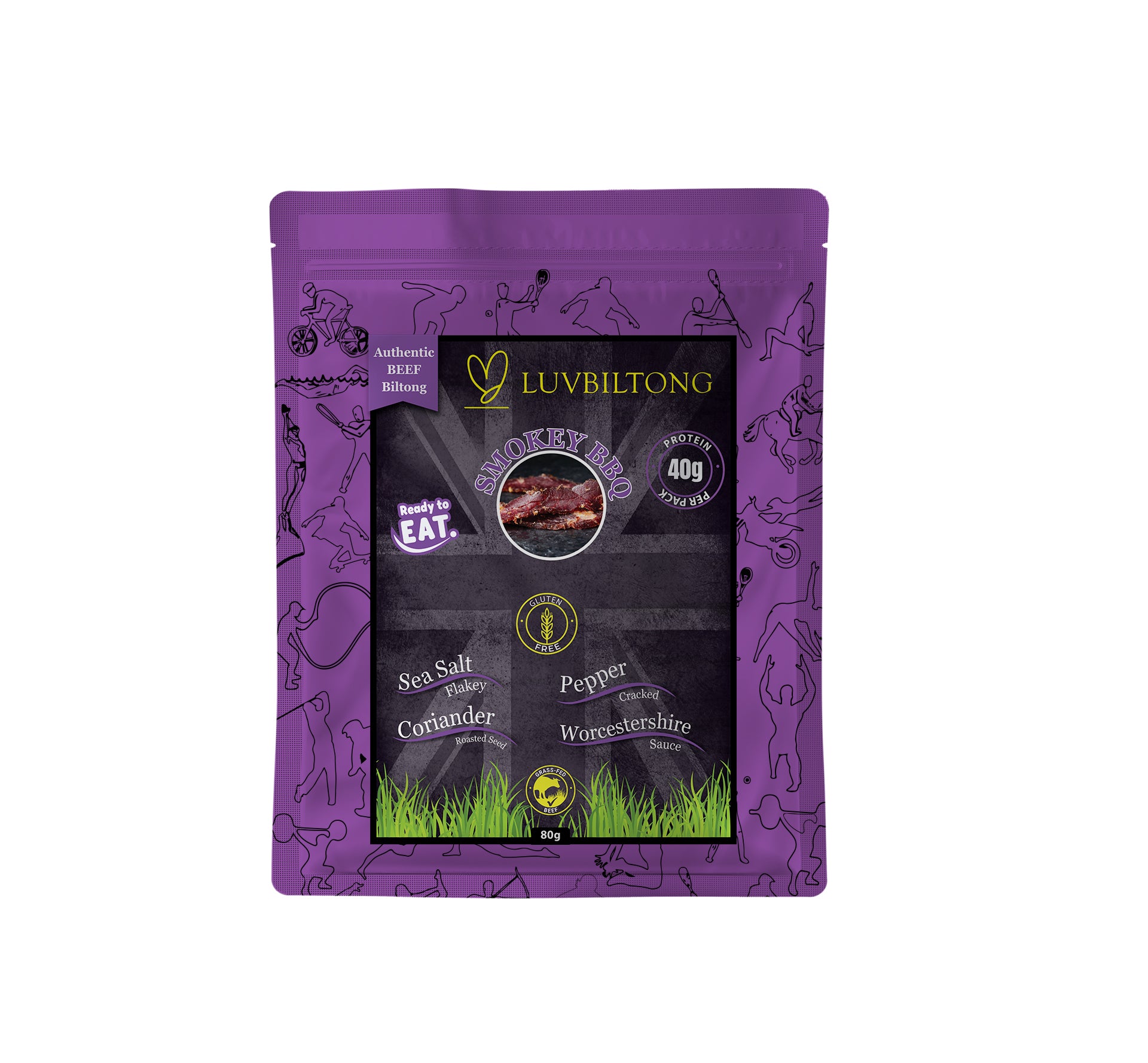 Smokey BBQ - Sliced Biltong packaging showcasing ingredients like sea salt and pepper in a vibrant pouch.
