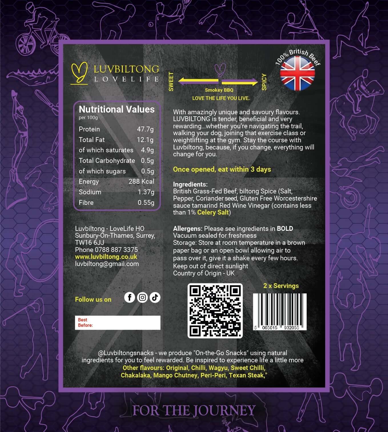 Smokey BBQ - Sliced Biltong nutritional information and ingredients list on packaging.