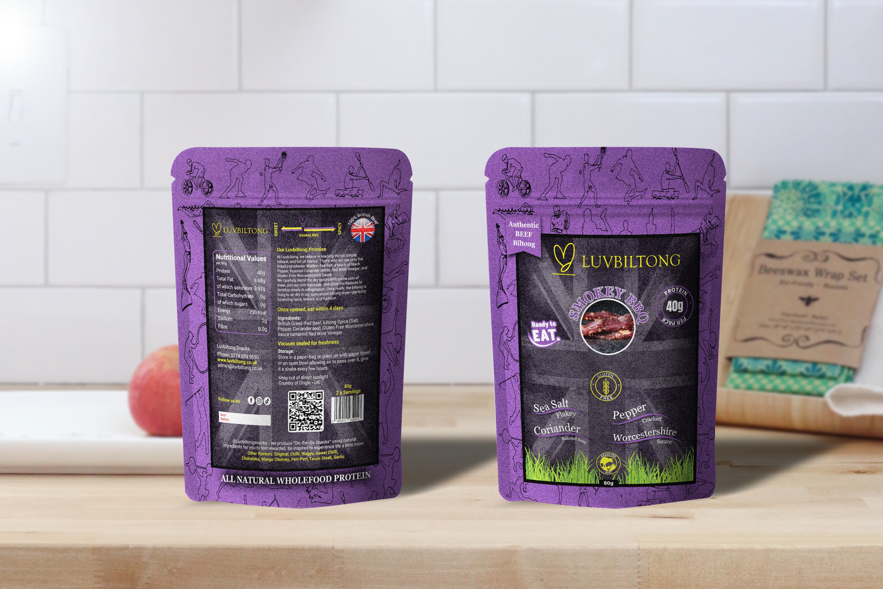 Smokey BBQ - Sliced Biltong packaging featuring a purple design with nutritional information and an all ingredient protein label.