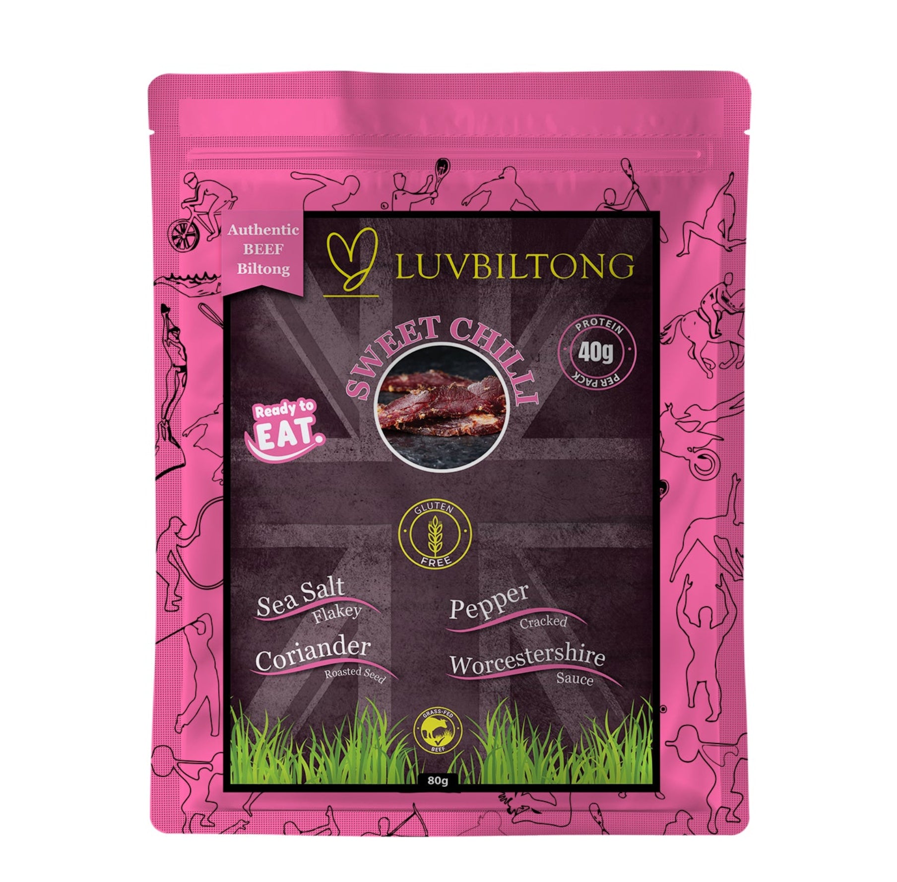 Sweet Chilli - Sliced Biltong packaging featuring ingredients like sea salt, pepper, and coriander.