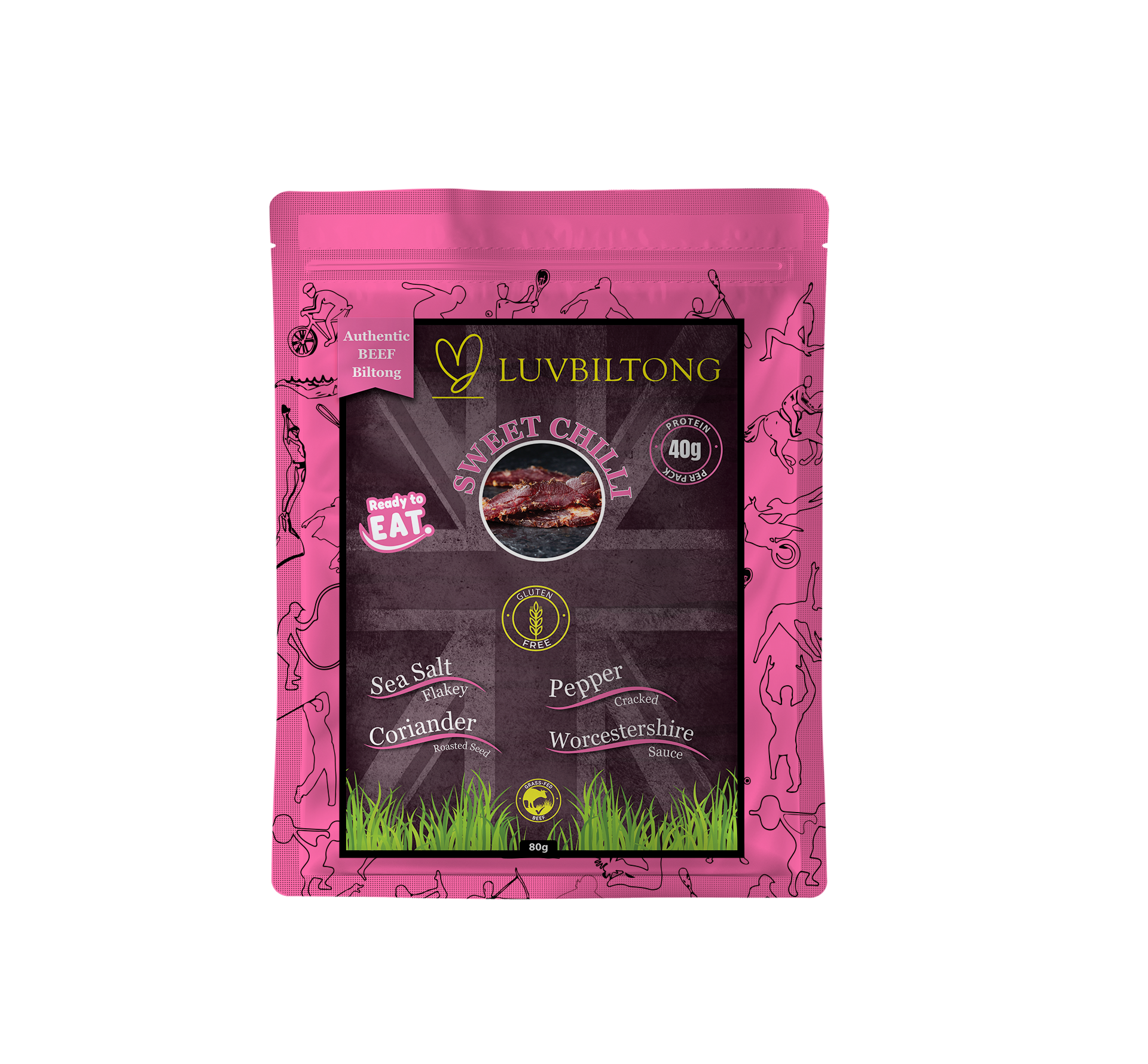 Sweet Chilli - Sliced Biltong packaging featuring rich cured beef and flavour notes.