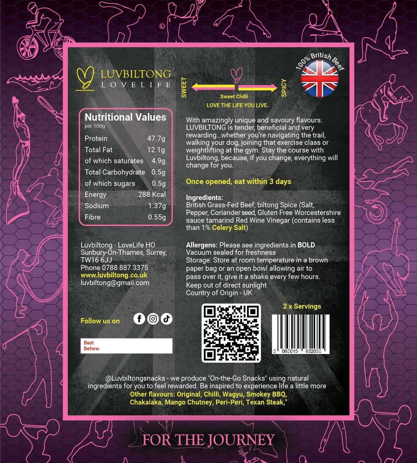 Sweet Chilli - Sliced Biltong nutritional information and ingredients label.