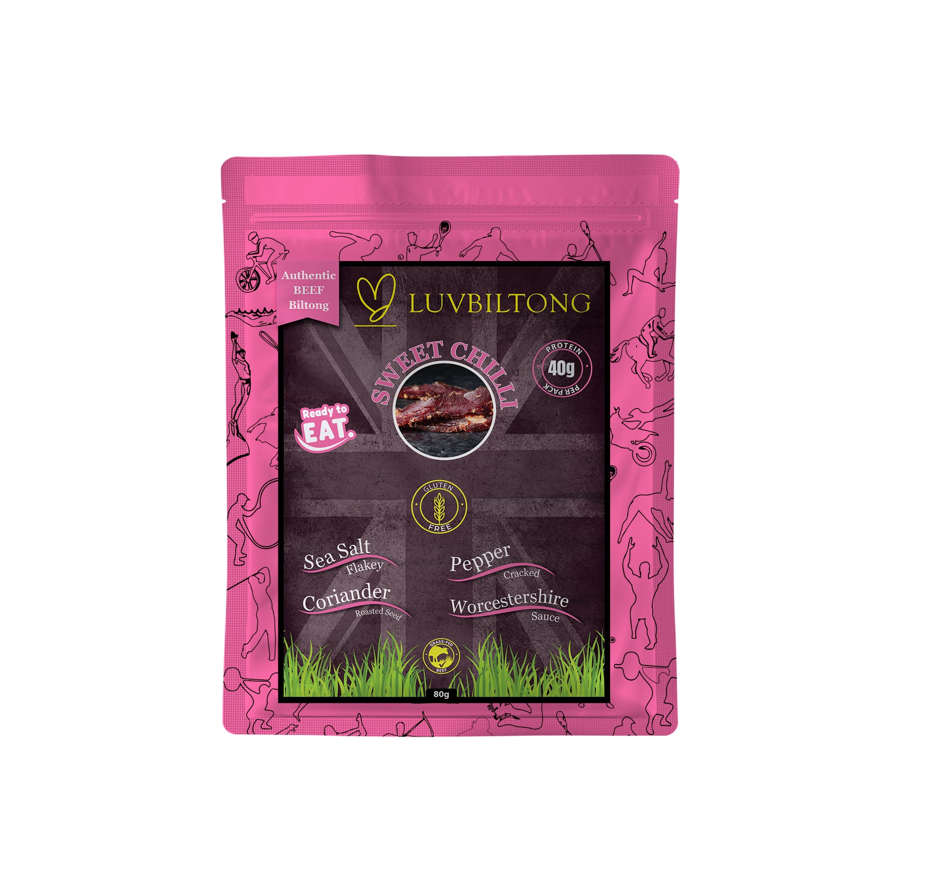 Sweet Chilli - Sliced Biltong packaging featuring ingredients like sea salt, pepper, and coriander.