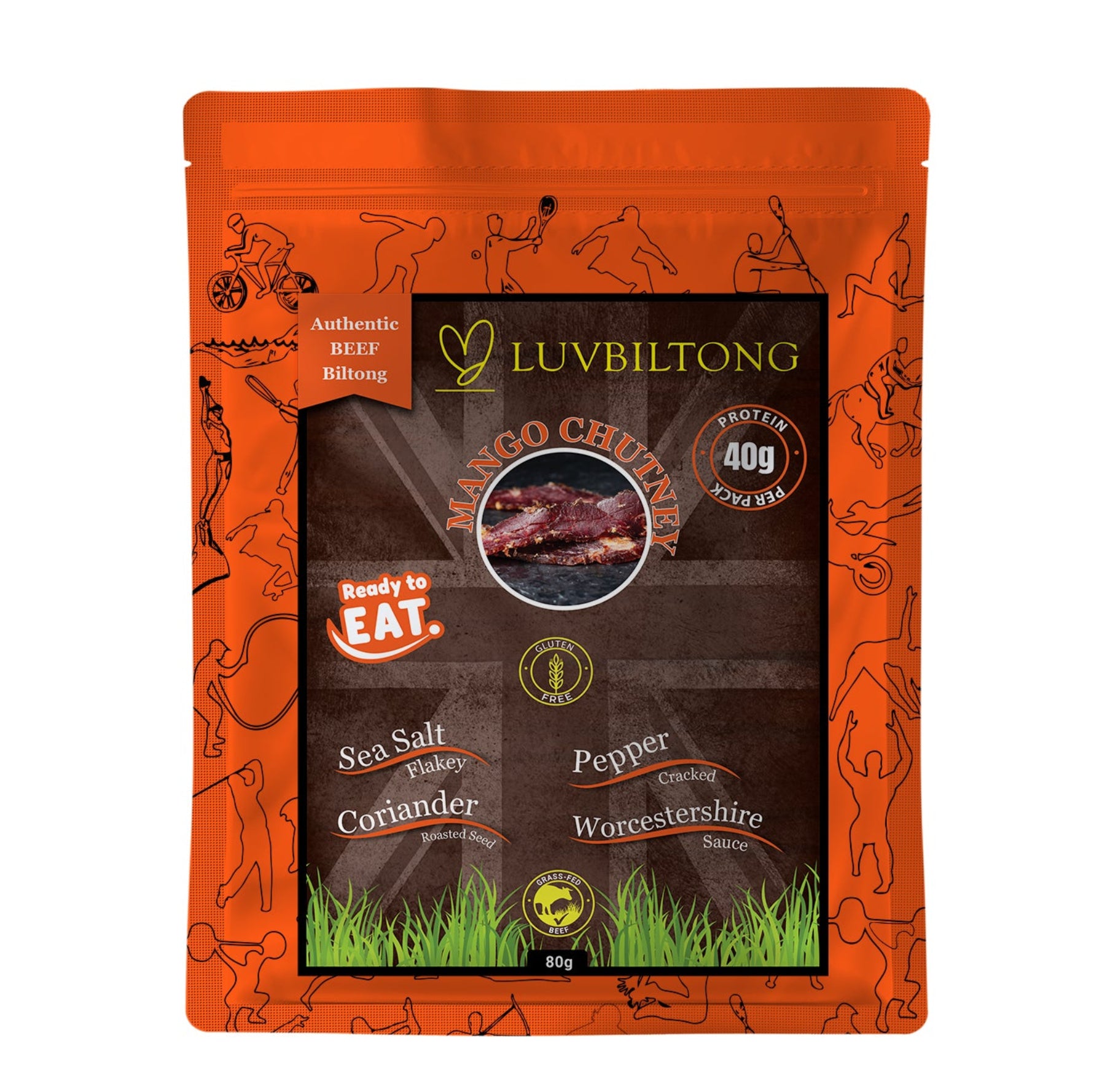 LuvBiltong Mango Chutney Flavour grass-fed beef biltong snack, vacuum sealed and made in UK