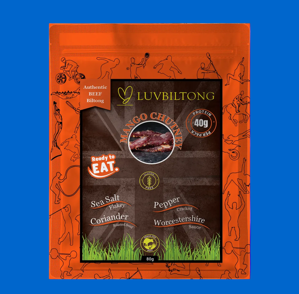 LuvBiltong Mango Chutney Flavour grass-fed beef biltong snack, natural ingredients and made in UK