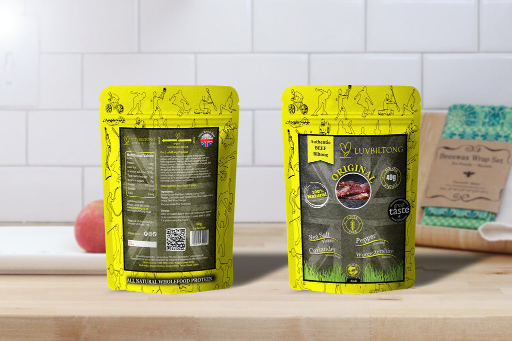 Original - Sliced Biltong package, featuring bold yellow design and detailed nutritional information.