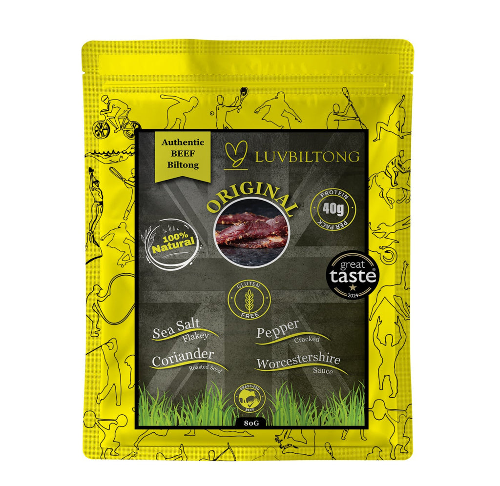 Original - Sliced Biltong package featuring natural ingredients, maldon Sea Salt, tellicherry peppercorns, roasted coriander seeds, gluten-free Worcester Sauce. traditional flavour