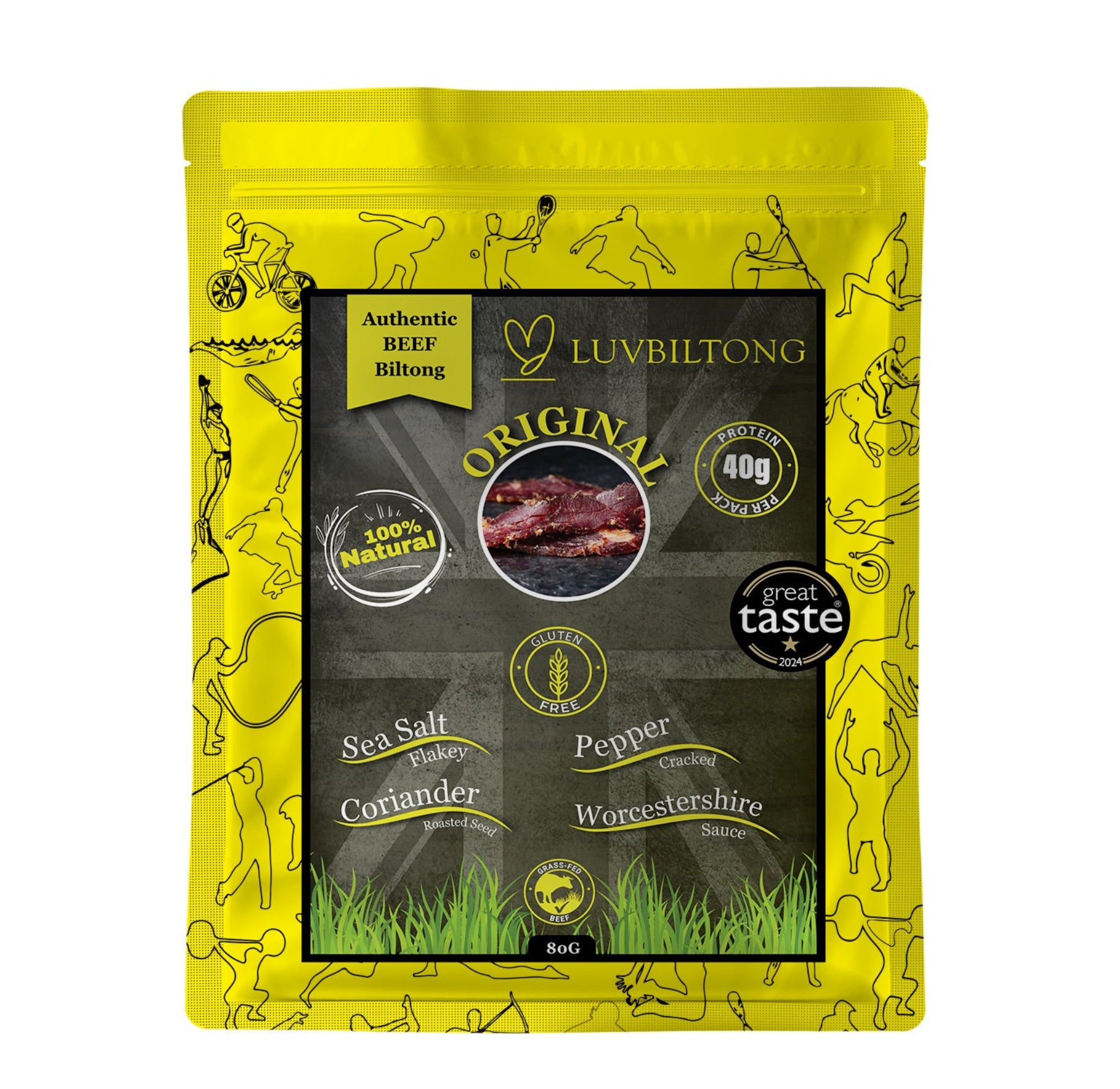 Original - Sliced Biltong package featuring natural ingredients, maldon Sea Salt, tellicherry peppercorns, roasted coriander seeds, gluten-free Worcester Sauce. traditional flavour