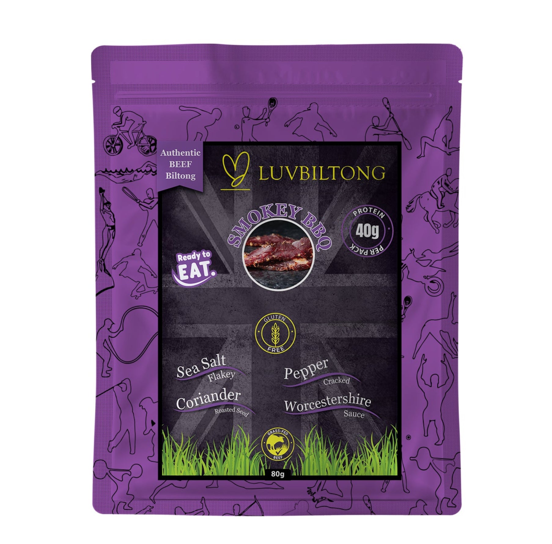 Smokey BBQ - Sliced Biltong packaging showcasing ingredients like Maldon Sea Salt, Roasted coriander seeds and Tellicherry peppercorn in a vibrant pouch.