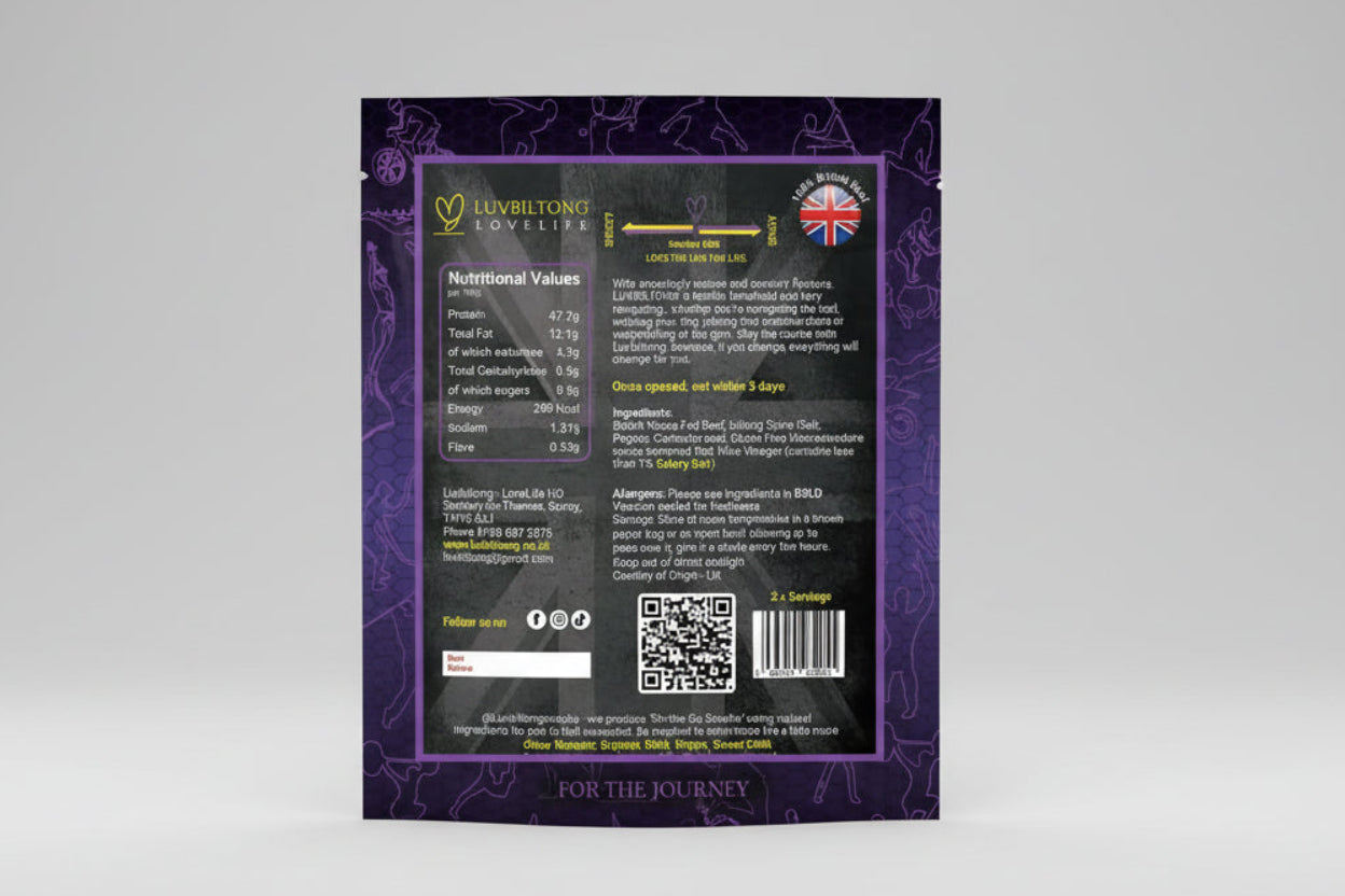 Smokey BBQ - Sliced Biltong nutritional information and ingredients list on packaging.