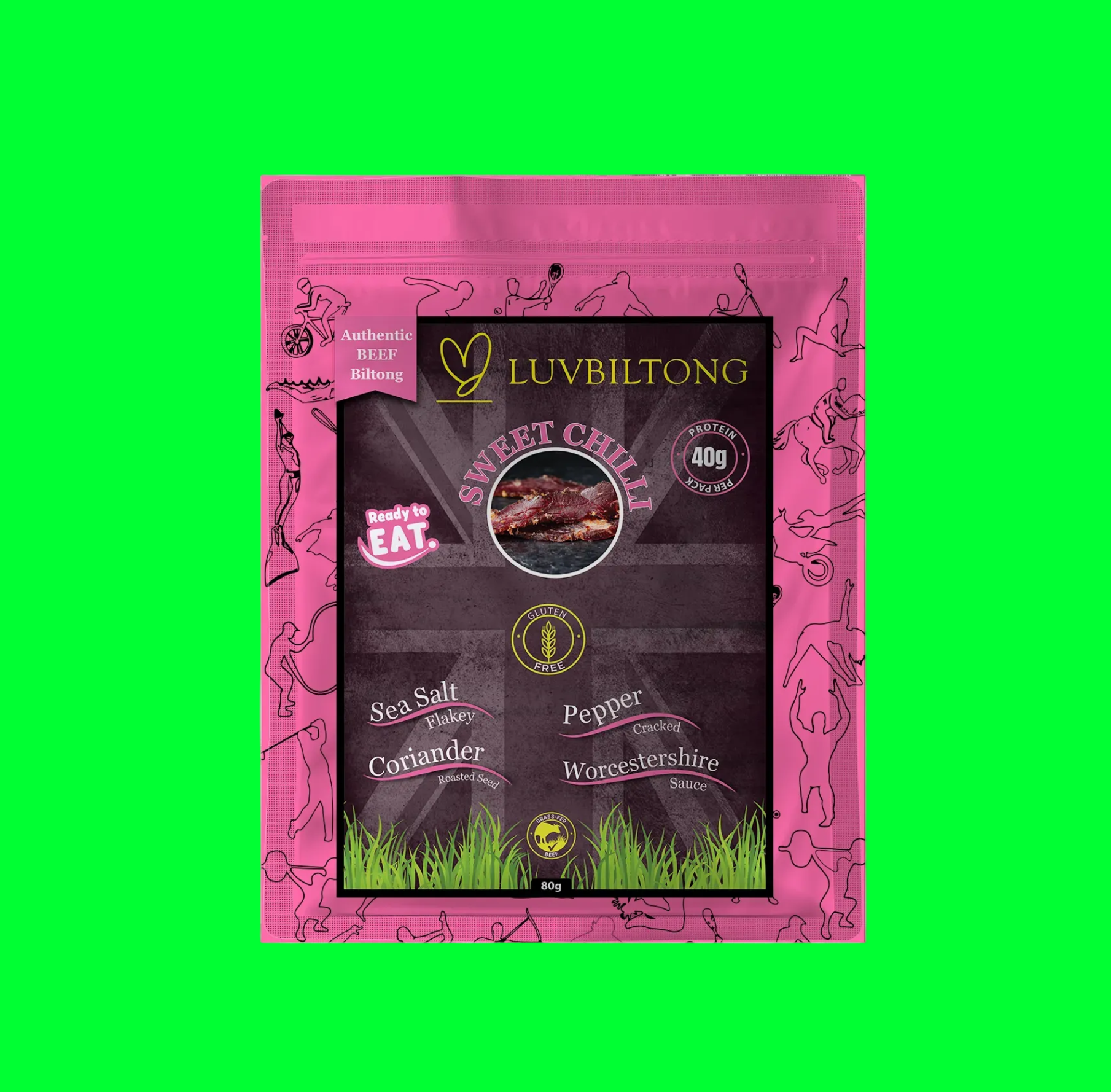 Sweet Chilli - Sliced Biltong packaging featuring rich cured beef and sweet and spicy flavour notes.
