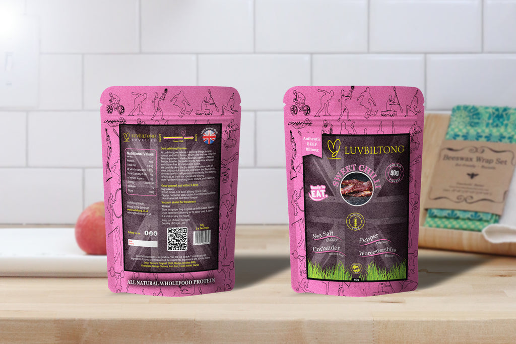 Sweet Chilli - Sliced Biltong packaging showcasing the front and back with nutritional information and branding.