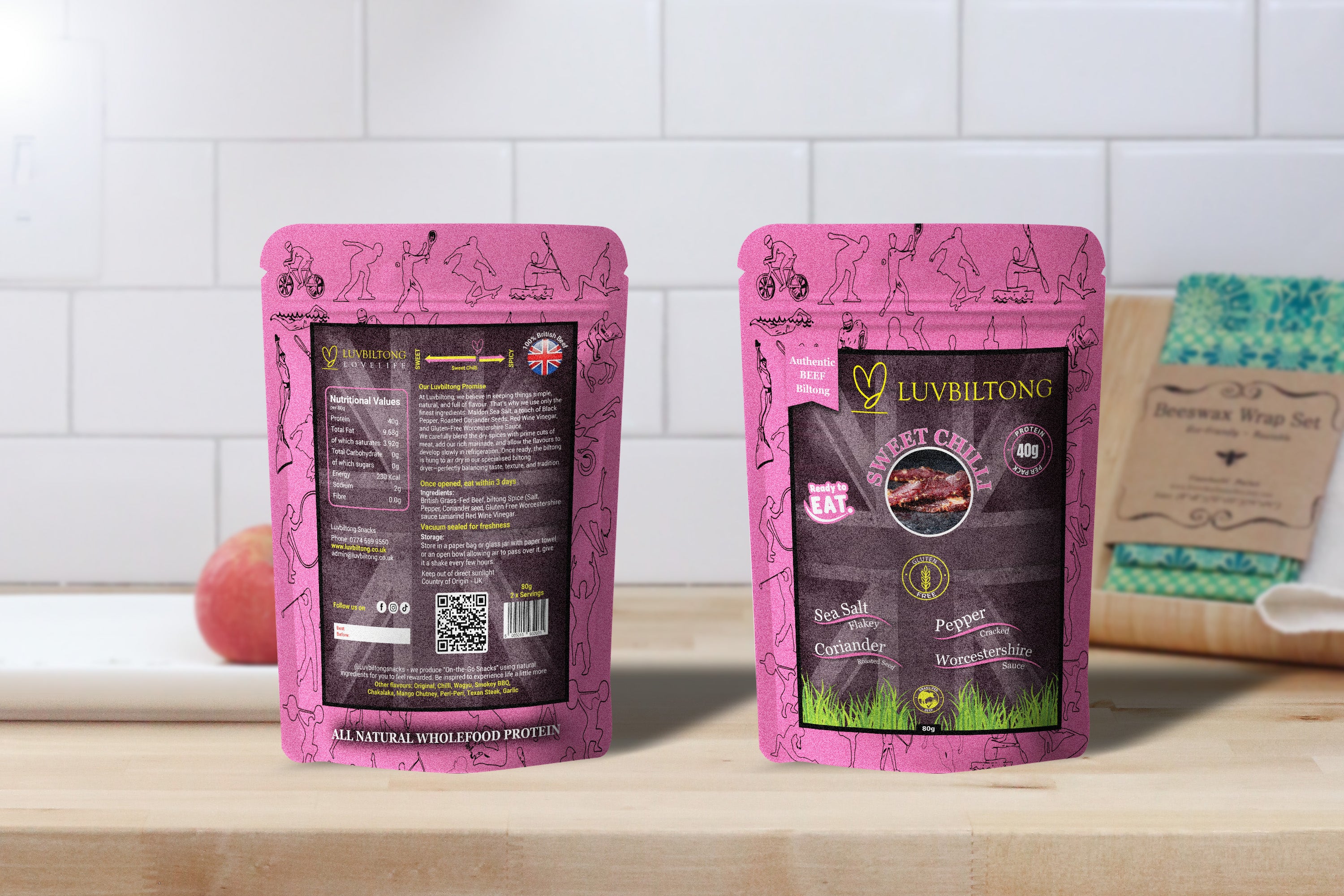 Sweet Chilli - Sliced Biltong packaging showcasing the front and back with nutritional information and branding.